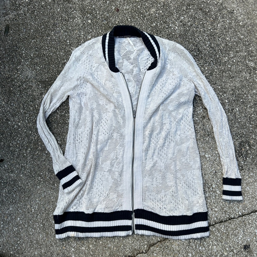 Free People Varsity Zip Front Pointelle Knit Cardigan White Black XS